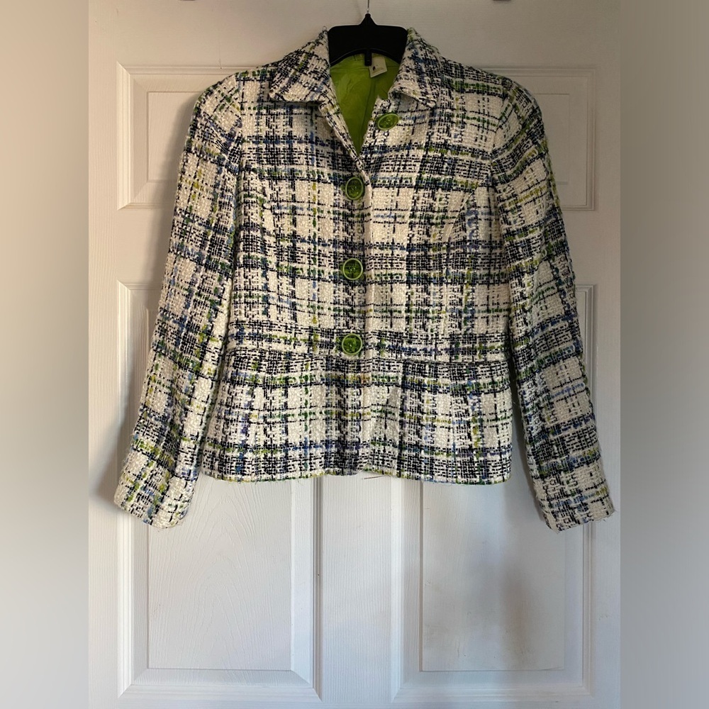 Sigrid Olsen Plaid Lime Green Tweed Button Up Jacket Size 4‎